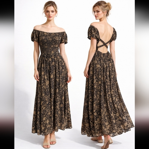 Free People Dresses & Skirts - Free People Black Brown Floral Maxi Dress Boho Off Shoulder Open Back Cotton